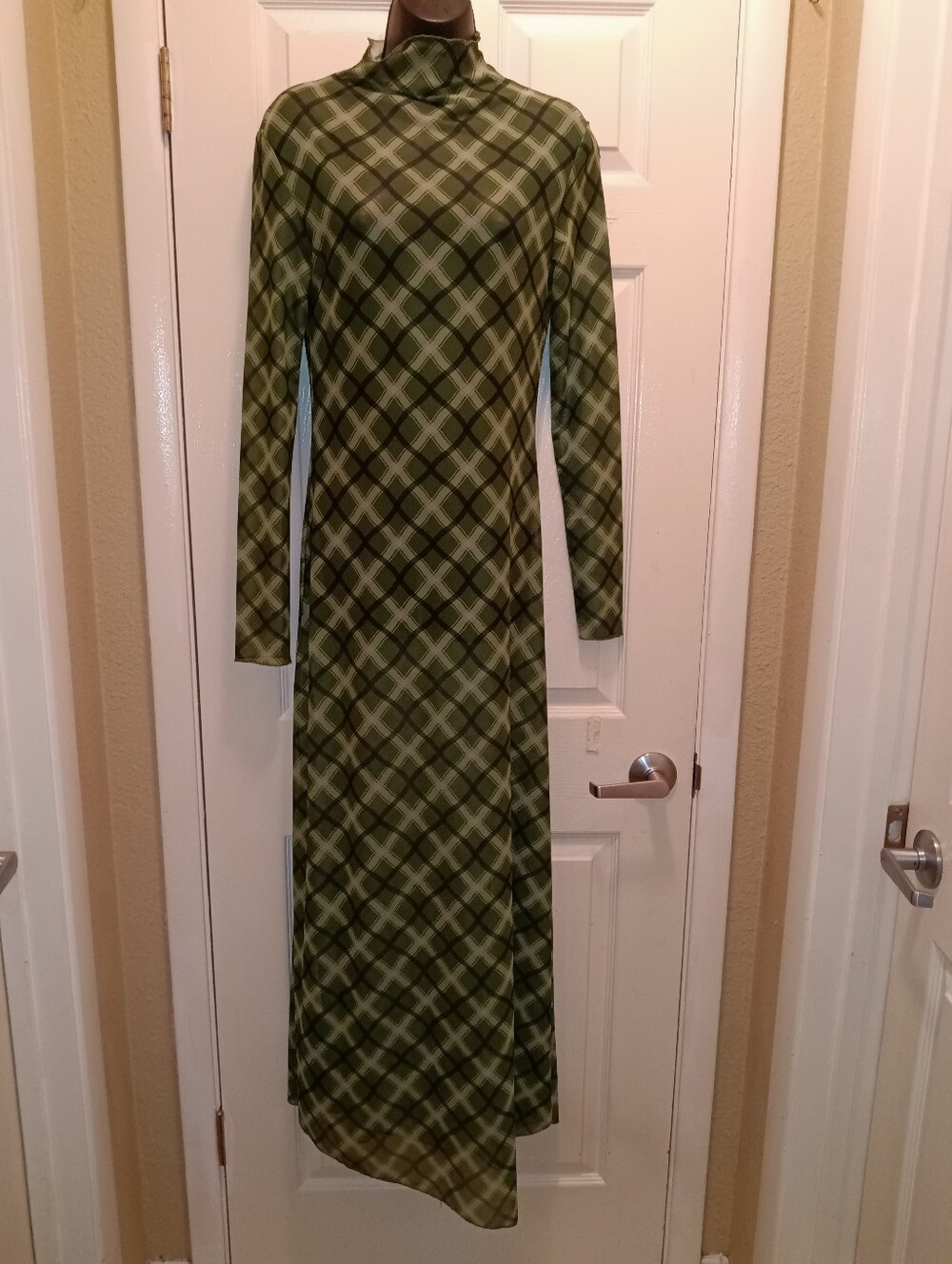 Nasty Gal Green Plaid Long Sleeve Sheer Mesh Maxi Dress